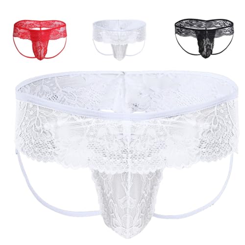 Anzhee Jockstrap Herren Pouch Sexy Lace Spitze Sissy String Tanga Höschen T-Back Tangas G-String Unterwäsche für Männer Sportunterwäsche mit Strumpfband 1 Stück Weiß von Anzhee