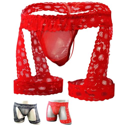 Anzhee Männer Jockstrap Sissy Beutel Höschen Spitze Sexy Unterhose Stickerei Slips Unterwäsche Boxershorts für Herren Sportunterwäsche mit Strumpfband 1 Stück Rot von Anzhee