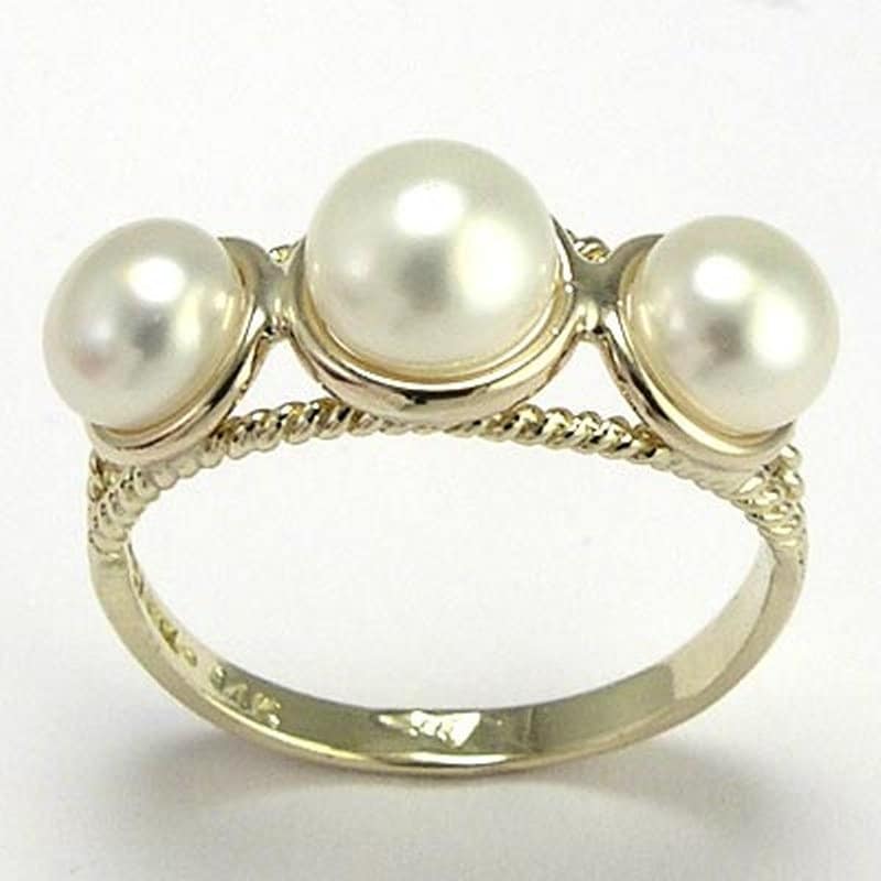 10K Gelb Gold Dreifach Weiße Perle Ring von AnzorJewelry