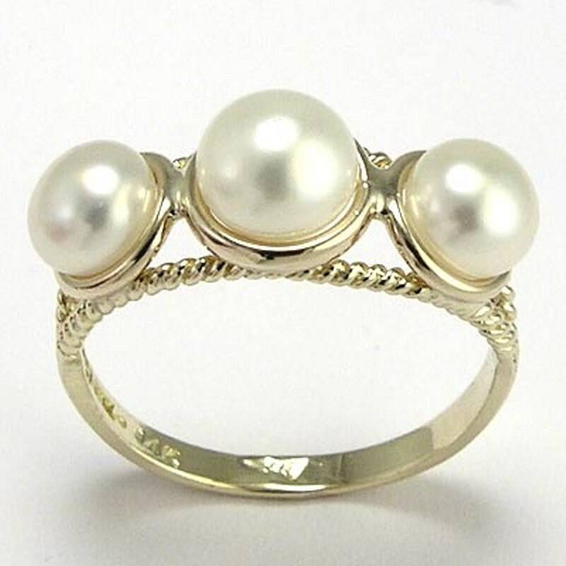 10K Gelb Gold Dreifach Weiße Perle Ring von AnzorJewelry
