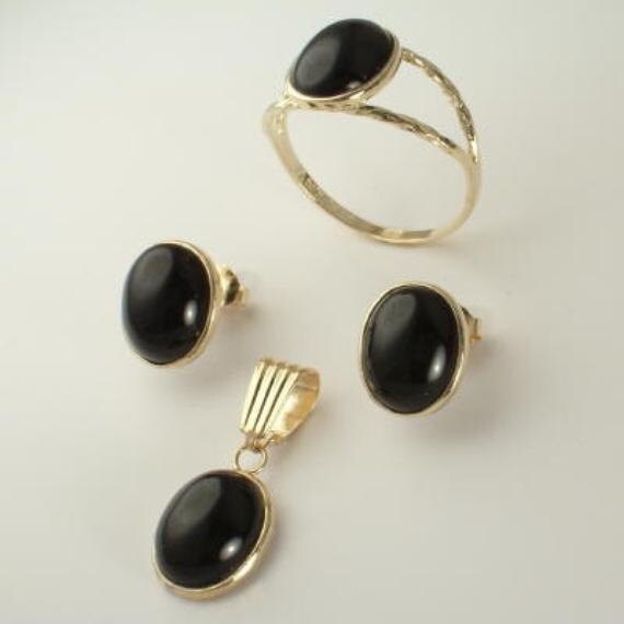 14 K Gold Oval Schwarz Onyx Set S202 von AnzorJewelry