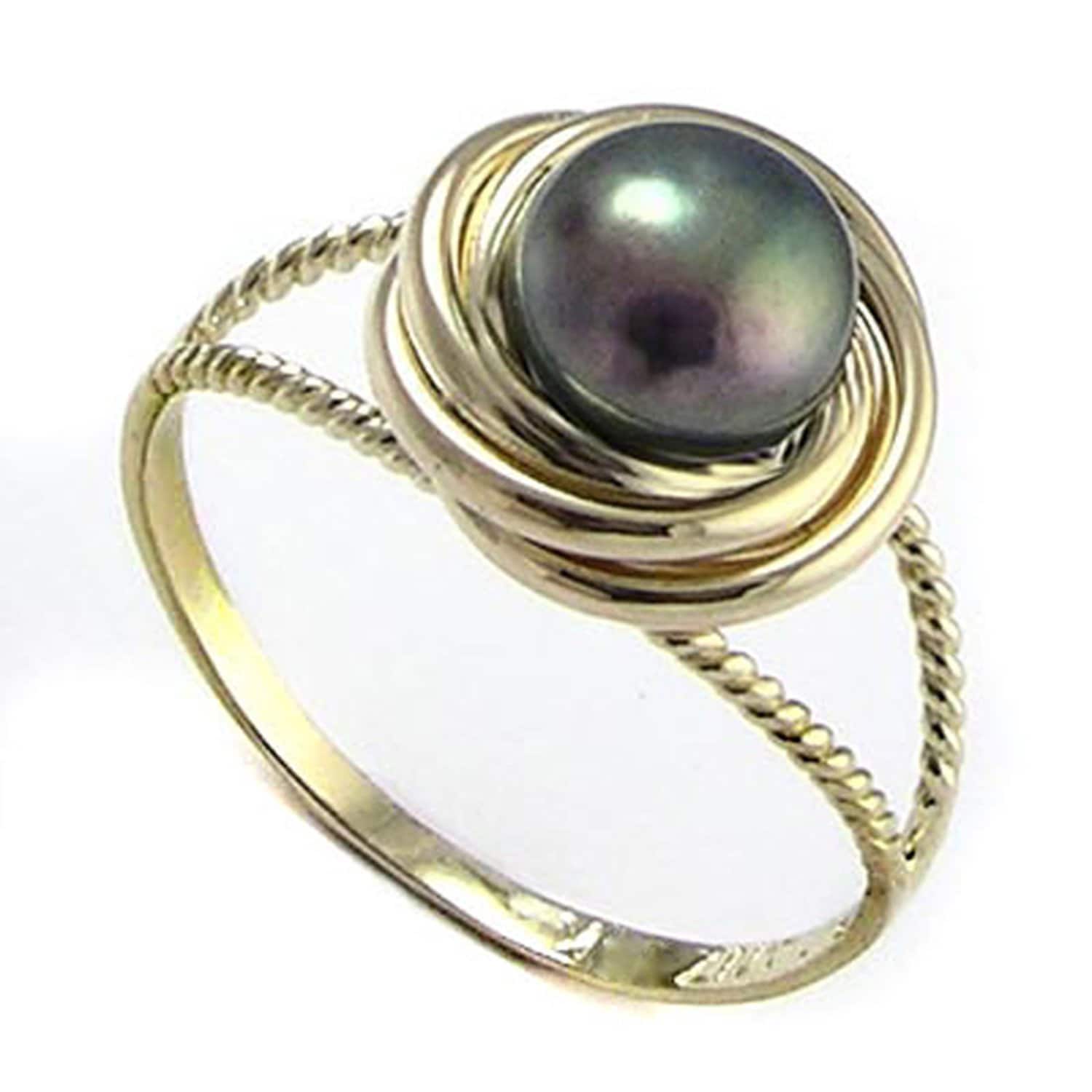 14 K Solide Gelb Gold Schwarze Perle Liebe Knotenring von AnzorJewelry