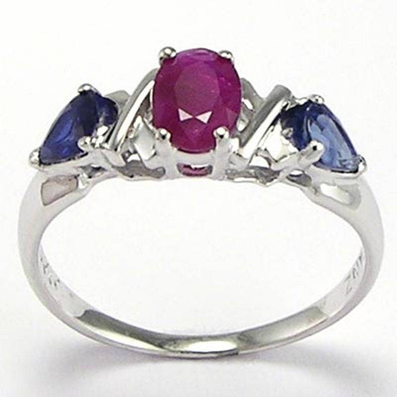 14 K Weißgold Drei-stein Natürliche Saphir Und Rubin Ring 1, 55 Ct von AnzorJewelry