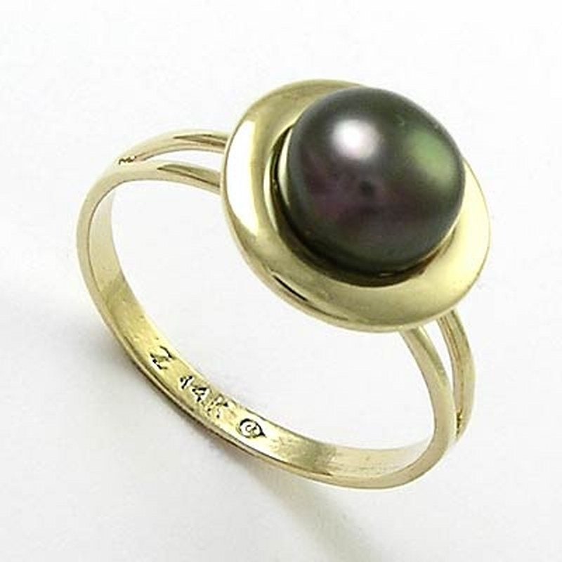14K Gelb Gold Schwarze Perle Ring von AnzorJewelry