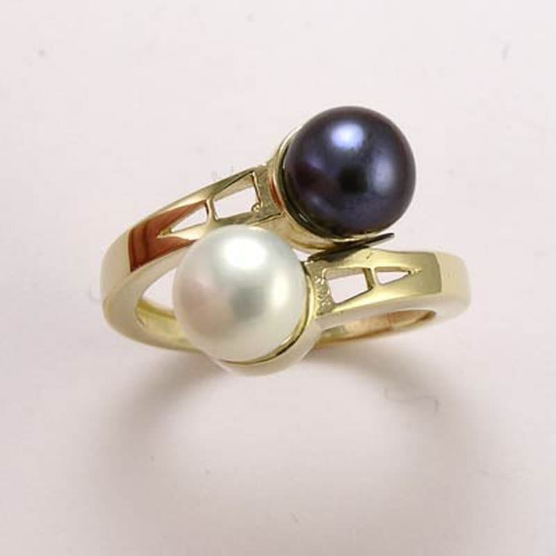 14K Gold, Schwarz & Weiß Perle Ring von AnzorJewelry