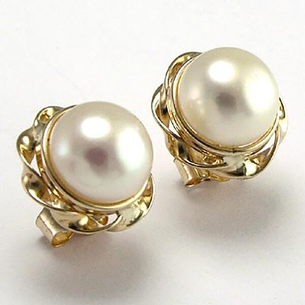 14K Gold 8, 5mm Natur Weiße Perlen Ohrstecker Love Knot Ohrringe E522 von AnzorJewelry