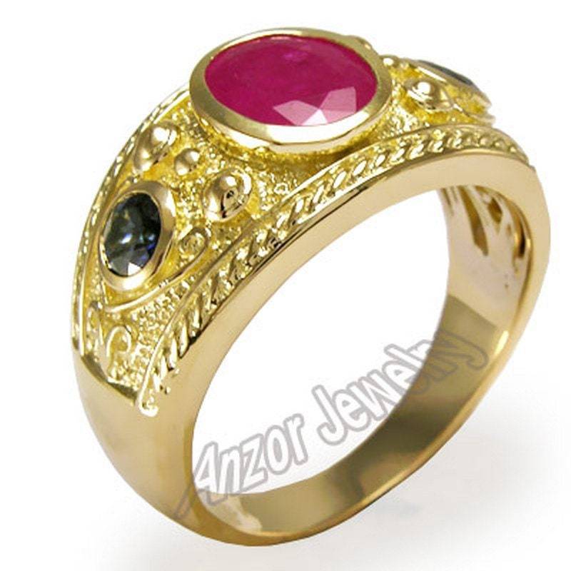 Herren 18K Gelbgold Echter Rubin Und Ceylon Saphir Ring von AnzorJewelry
