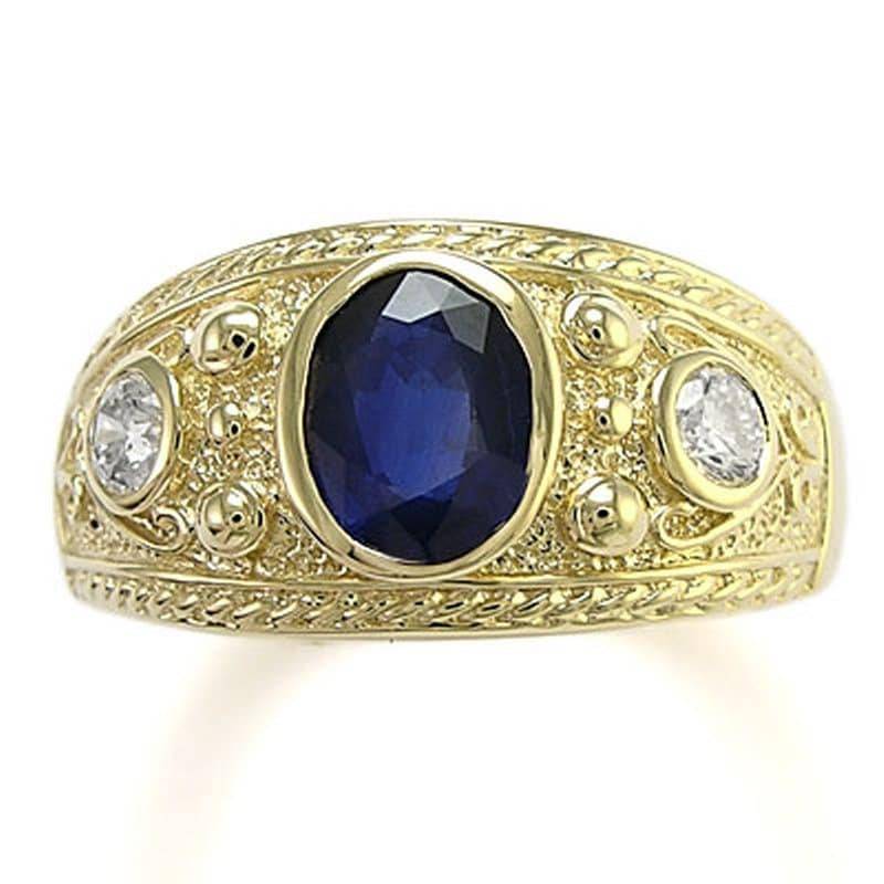 Herren Erstaunliche 14 K Solid Yellow Gold Drei-steine Echte Saphir G-I1 Diamanten Ring 7 Bis von AnzorJewelry