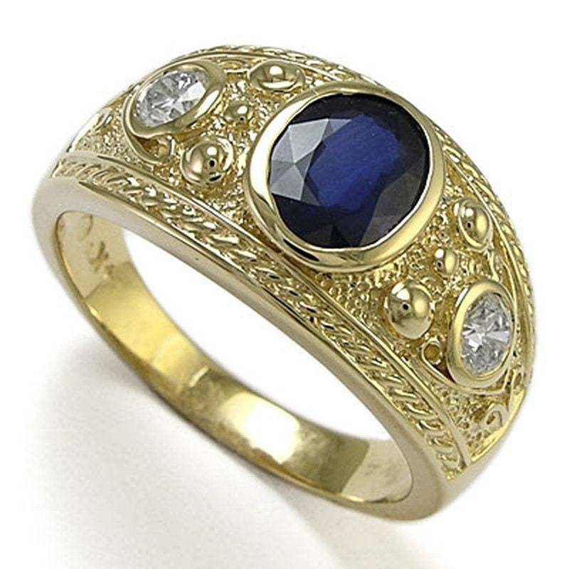Herren Massiver 18K Gelbgold Echter Weißer & Blauer Saphir Ring von AnzorJewelry