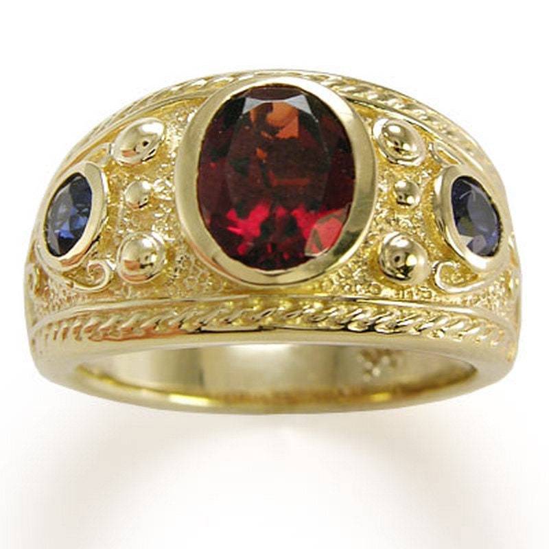 Herrenring Aus Massivem 18K Gelbgold Mit Echtem Granat Und Saphir # R1186 von AnzorJewelry