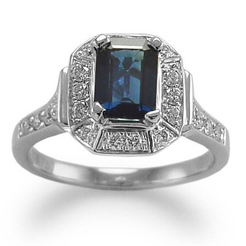 Smaragdschliff Ceylon Saphir Und Diamant Akzent Ring Aus 750Er Gold von AnzorJewelry