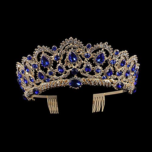 Haarschmuck Kronen-Diademe für Frauen, europäische Tropfen-Diademe, grün, rot, Kristall-Diademe, Vintage-Gold, Strass, Festzugskronen mit Kamm, Barock-Hochzeits-Haarschmuck (Goldblau) von AoBloom