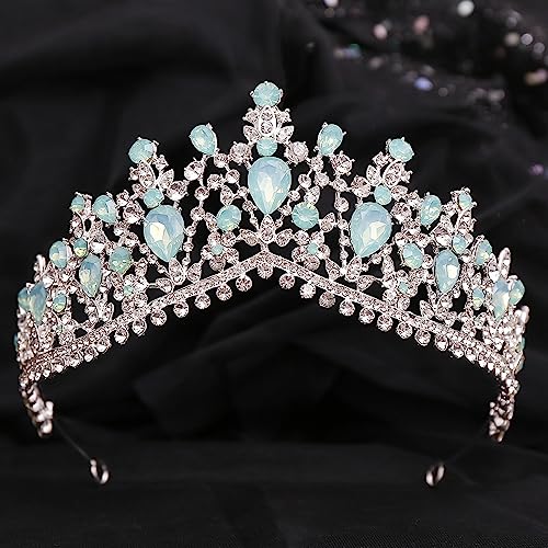 Haarschmuck Kronen-Diademe für Frauen, luxuriöser Wald, rosa, blauer Opal-Kristall, Braut-Tiaras, königliche Königin-Krone, Strass, Festzug, Diadem, Hochzeit, Haarkostüm-Accessoires (Silbergrün) von AoBloom