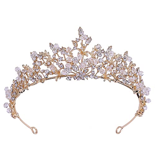 Haarschmuck Kronen-Tiaras für Frauen, Kristallperlen, Blumenkrone, Stirnband für Prinzessinnen-Tiaras, Kopfschmuck, Party, Hochzeitskleid, Haarschmuck, Braut-Diadem, Festzug (Gold) von AoBloom