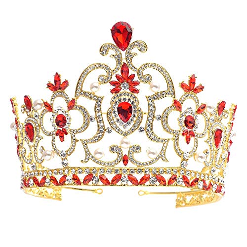 Haarschmuck Kronen-Tiaras für Frauen, Vintage-Kristallperlen-Tiara, Krone, Diadem, Königin, König, Kopfschmuck, Braut-Tiaras, Hochzeit, Haarschmuck, Ornamente (rot) von AoBloom