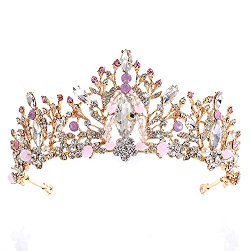 Haarschmuck für Frauen, große rosa Kristallkronen, Perlen-Braut-Tiaras, Stirnband, florales Strass-Hochzeitsdiadem für die Braut, rosa Perlenkrone (Luxurytiara klein) von AoBloom