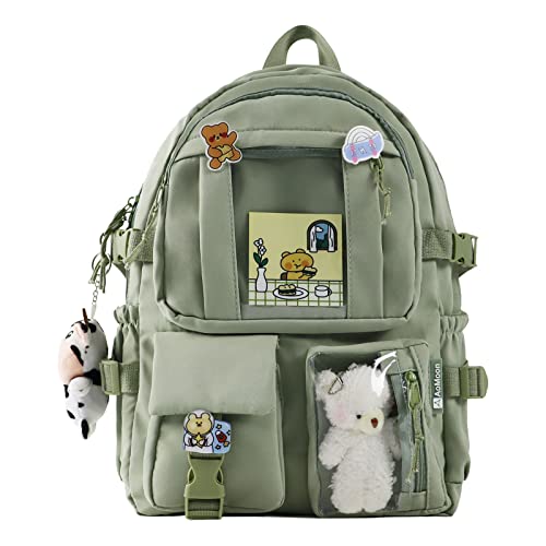 Kawaii Rucksack, hübscher Pastell-Rucksack für Teenager, Mädchen, ästhetische Schüler-Büchertaschen mit Kawaii-Nadel und niedlichem Zubehör, Grün-C, Einheitsgröße, Tagesrucksack von AoMoon