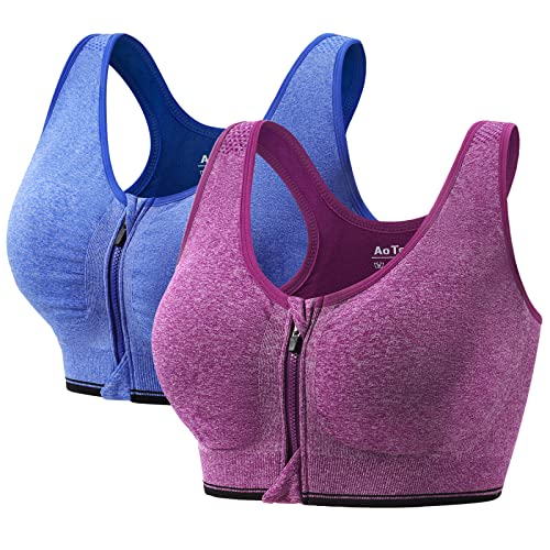 AoToZan 2 Stücke Damen Sport BH Reißverschluss Vorne, Gepolstert Push Up BHS Starker Halt Sports Bra Top für Gym Fitness Yoga Running (Blau Lila,L) von AoToZan