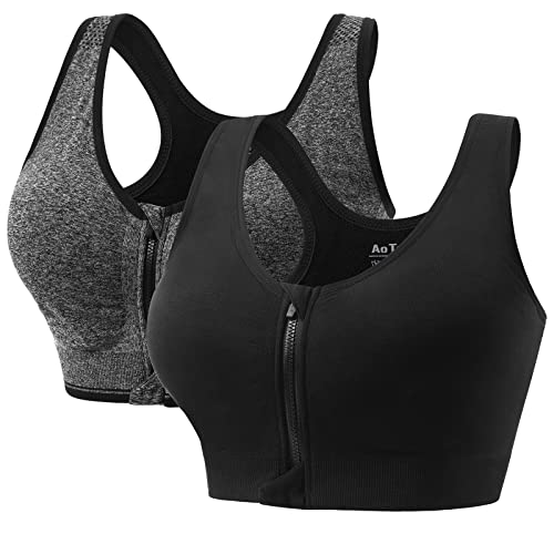 AoToZan 2 Stücke Damen Sport BH Reißverschluss Vorne, Gepolstert Push Up BHS Starker Halt Sports Bra Top für Gym Fitness Yoga Running (Schwarz Grau,L) von AoToZan