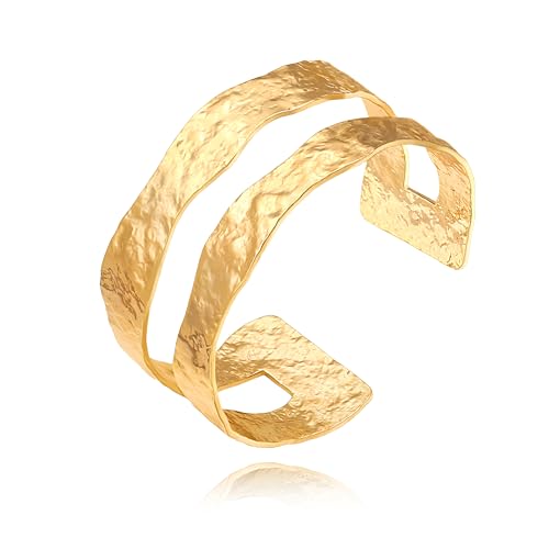Aobei Pearl 18K Gold Breite Chunky Crumpled Textured Split Manschette Armreif Armband für Frauen gehämmert 2-Row Open Armband Verstellbare Handgelenk Schmuck von Aobei Pearl