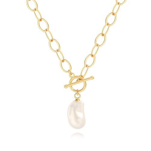 Aobei Pearl Barock Süßwasser Perle Halsketten für Frauen Perle Anhänger Toggle Halskette 18K Gold überzogene Büroklammer Link Kette Charm Schmuck Geschenke von Aobei Pearl