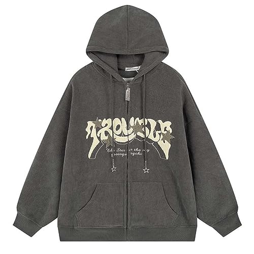 Aobiono Damen Herren Y2K Star Zip Up Jacke Oversized Hoodie Vintage Fleece Japanisches Harajuku Emo Grunge Baggy Kapuzen-Sweatshirt, Grau, Large von Aobiono