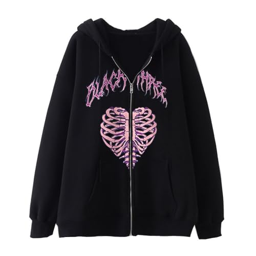 Aobiono Damen Herren Y2K Zip Up Oversized Hoodie Gothic Skelett Hohl Herz Grafik Emo Grunge Alt Baggy Fleece Jacke 90 Punk, Schwarz, Small von Aobiono