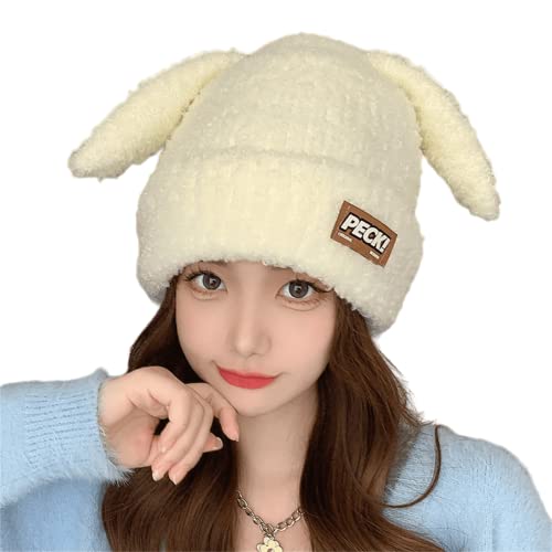 Aobiono Damen Kawaii Bunny Ears Fleece Beanie Mütze Niedlich Ästhetisch Strick Sherpa Skully Cap Preppy Japanese Korean Fall Winter, Weiß, Einheitsgröße von Aobiono