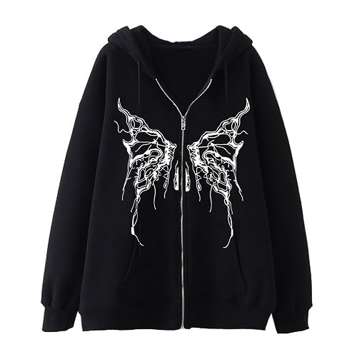 Aobiono Frauen Männer Y2K Zip Up Hoodie Übergroße Skelett Schmetterling Gothic Grafik Emo Grunge Fleece Jacke Alt Baggy Vintage, Black-2, XXL von Aobiono