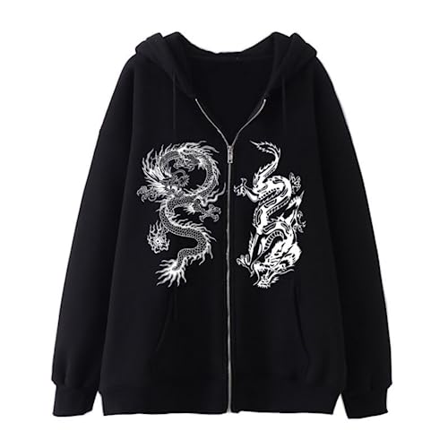Aobiono Frauen Männer Y2K Zip Up Übergroße Hoodie Gothic Dragon Graphic Emo Grunge Alt Baggy Fleece Jacke 90s Punk Streetwear, Schwarz+Weiß, XL von Aobiono