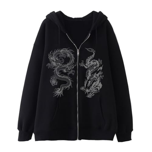 Aobiono Frauen Männer Y2K Zip Up Übergroße Hoodie Gothic Dragon Graphic Emo Grunge Alt Baggy Fleece Jacke 90s Punk Streetwear, blacks, XL von Aobiono