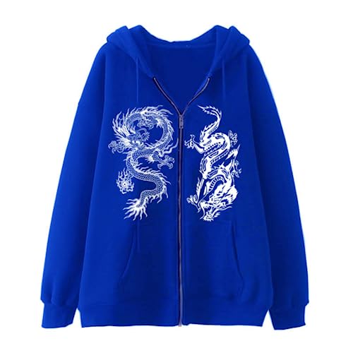 Aobiono Frauen Männer Y2K Zip Up Übergroße Hoodie Gothic Dragon Graphic Emo Grunge Alt Baggy Fleece Jacke 90s Punk Streetwear, blu, M von Aobiono