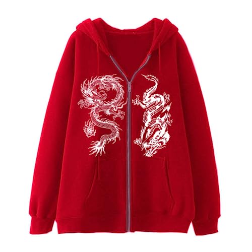 Aobiono Frauen Männer Y2K Zip Up Übergroße Hoodie Gothic Dragon Graphic Emo Grunge Alt Baggy Fleece Jacke 90s Punk Streetwear, rot red, L von Aobiono