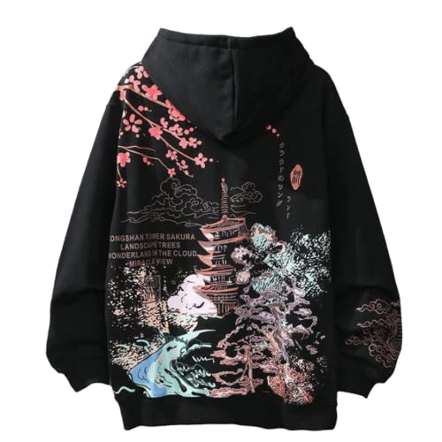 Aobiono Herren Damen Y2K Hoodie Anime Japanische Ästhetik Harajuku Koreanische Sakura Tempel Emo Grunge Alt Kirschblüte Fleece Herbst, Schwarz, X-Large von Aobiono