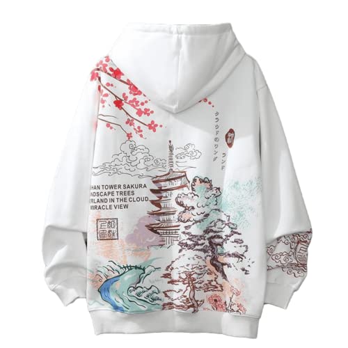 Aobiono Herren Damen Anime Hoodie Japanisch Y2K Ästhetisch Harajuku Korean Sakura Temple Emo Grunge Alt Cherry Blossom Fleece Herbst, Weiss/opulenter Garten, S von Aobiono