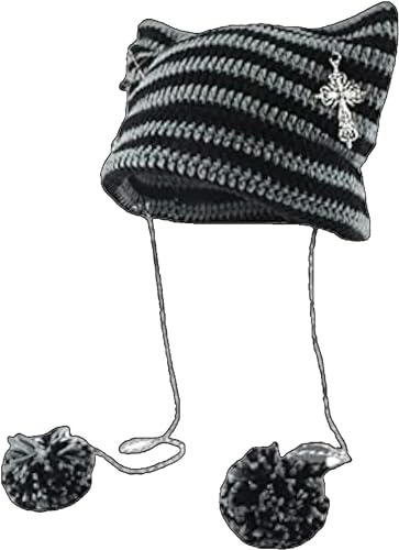 Cat Beanie für Frauen Mädchen Y2K Katzenohren Strickmütze Gestreift Slouchy Pom Pom Grunge Cross Vintage Punk Zubehör, Schwarz Grau, Einheitsgr��e von Aobiono