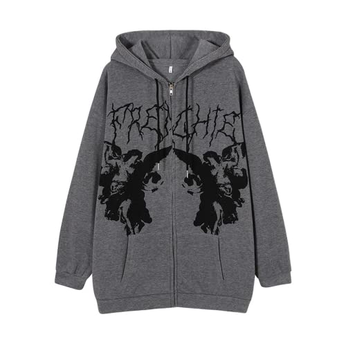 Damen Goth Emo Hoodie Zip Up Y2K Grunge Shirt Jacke Dark Academia Harajuku Kapuzenpullover Alternative Ästhetik, Dunkelgrau, Large von Aobiono