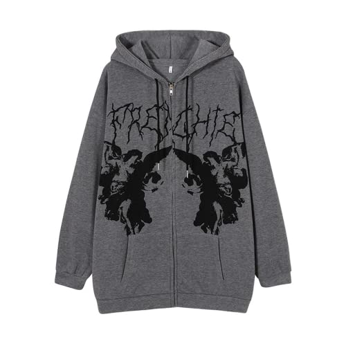 Damen Goth Emo Hoodie Zip Up Y2K Grunge Shirt Jacke Dark Academia Harajuku Kapuzenpullover Alternative Ästhetik, Dunkelgrau, XX-Large von Aobiono