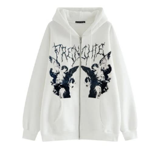 Damen Goth Emo Hoodie Zip Up Y2K Grunge Shirt Jacke Dark Academia Harajuku Kapuzenpullover Alternative Ästhetik, Weiß, XX-Large von Aobiono