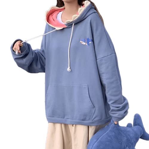 Damen Herren Kawaii Hai Kapuzenpullover Anime Ästhetisch Niedlich Japanisch Korea Y2K Harajuku Preppy Sweatshirt Langarm Pullover, Blau, X-Large von Aobiono