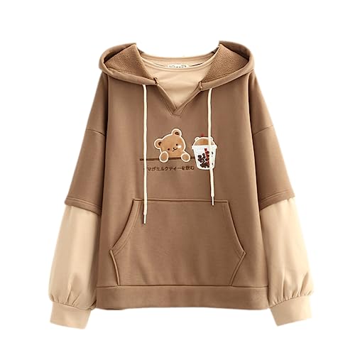 Damen Kawaii Anime Hoodie Bär Boba Bubble Tea Niedlich Ästhetisches Mädchen Harajuku Grafik Kapuzenpullover Langarm Top, braun, Einheitsgröße von Aobiono