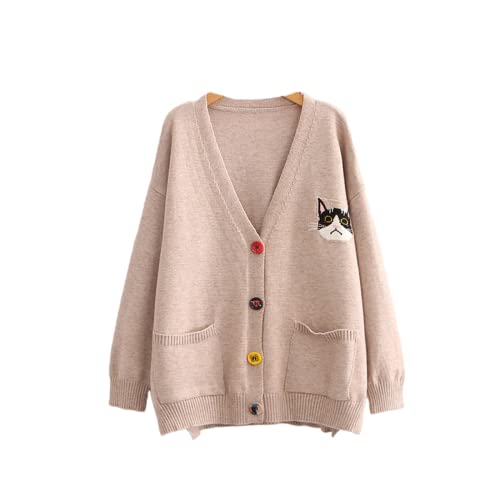 Damen Kawaii Katze Cardigan Kimono Anime Pullover Niedlich Japanische Ästhetik Koreanisch Preppy Strickshirt Button Down, Khaki, Einheitsgröße von Aobiono