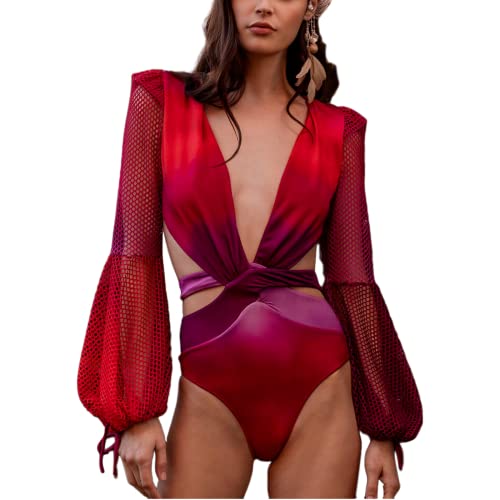 Damen Langarm Badeanzüge Einteiler Badeanzug Meerjungfrau Ausschnitt Mesh Puffärmel Bademode Sexy Plunge V Monokini, Farbverlauf rot, Small von Aobiono