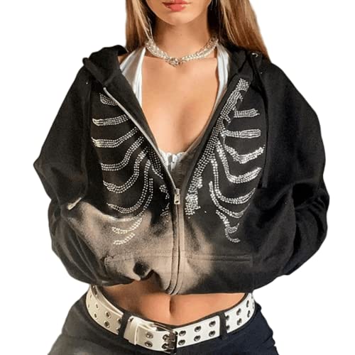 Damen Skelett Cropped Hoodie Y2K Gothic Crop Top Strass Harajuku Grunge Alt Emo Aesthetic E-Girl Dark Academia, Schwarz, L von Aobiono