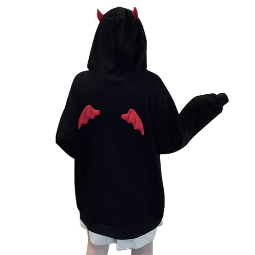 Damen Teufel Hoodie mit Hörnern Flügeln Kawaii Alt Anime Ästhetische Harajuku Y2K Gothic Cute Demon Japanese Dark Academia, schwarz, Medium von Aobiono