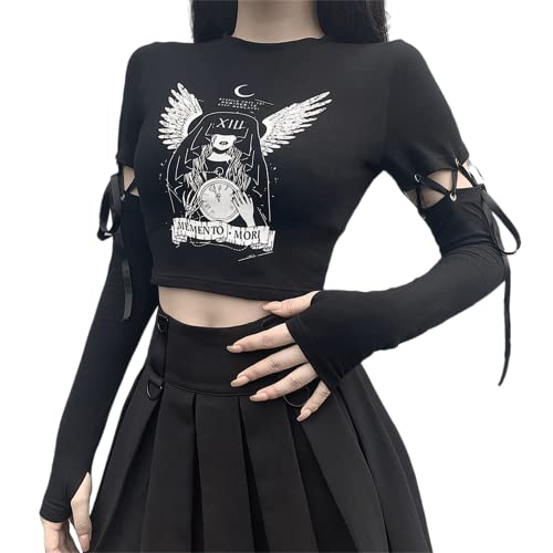 Damen Totenkopf Mesh Y2K Gothic Crop Top 2 Stück Tank Oversleeves Harajuku Grunge Alt Emo Aesthetic Dark Academia Punk, Engelsflügel schwarz, Klein von Aobiono