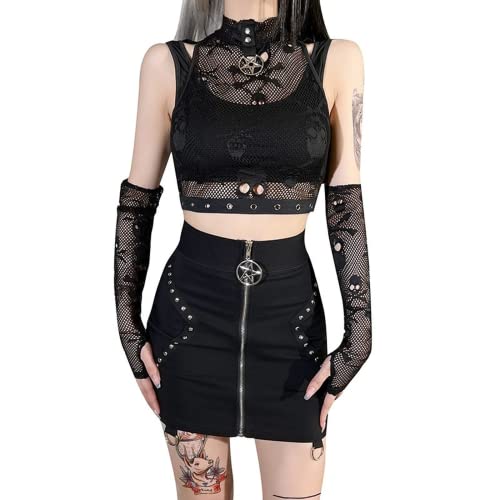 Damen Totenkopf Mesh Y2K Gothic Crop Top 2 Stück Tank Oversleeves Harajuku Grunge Alt Emo Aesthetic Dark Academia Punk, Netzstoff (Schwarz), Groß von Aobiono