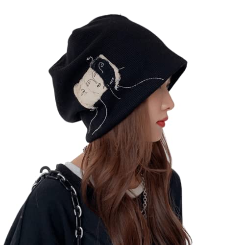 Damen Y2K Beanie Mütze Slouchy Harajuku Strick Skully Cap Korean Retro Vintage Kawaii Alt Emo Fairy Grunge Academia, schwarz, Einheitsgröße von Aobiono