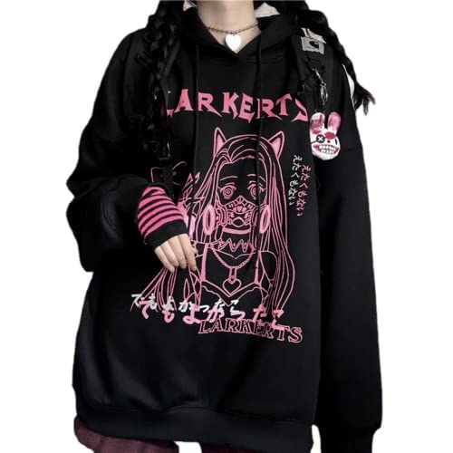 Damen Y2K Hoodie Kawaii Gothic Anime Harajuku Alt Ästhetische Grunge Punk Niedlich Japanische Dunkle Academia Top Pullover, schwarz, Small von Aobiono