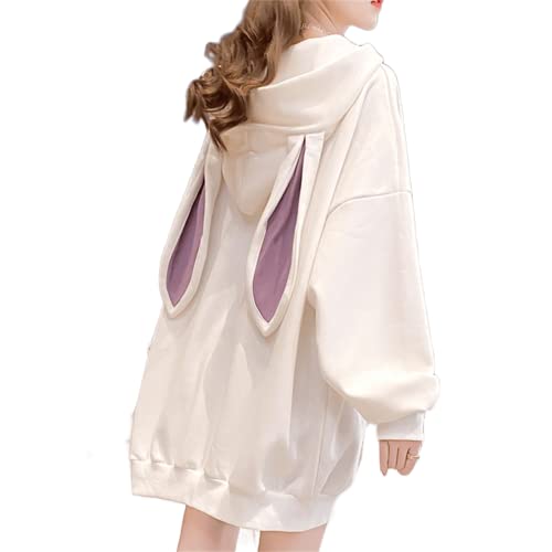 Damen-Kapuzenpullover mit Hasenohren, ästhetisch, niedlich, übergroß, japanisches Kapuzen-Sweatshirt, langärmelig, für Herbst und Winter, Weiss/opulenter Garten, XXL von Aobiono